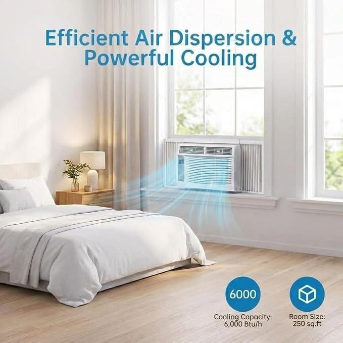 Window Air Conditioner, 6000 BTU Window AC Unit with WiFi and Remote Control for Rooms up to 250 Sq. Ft., Queit Operation and