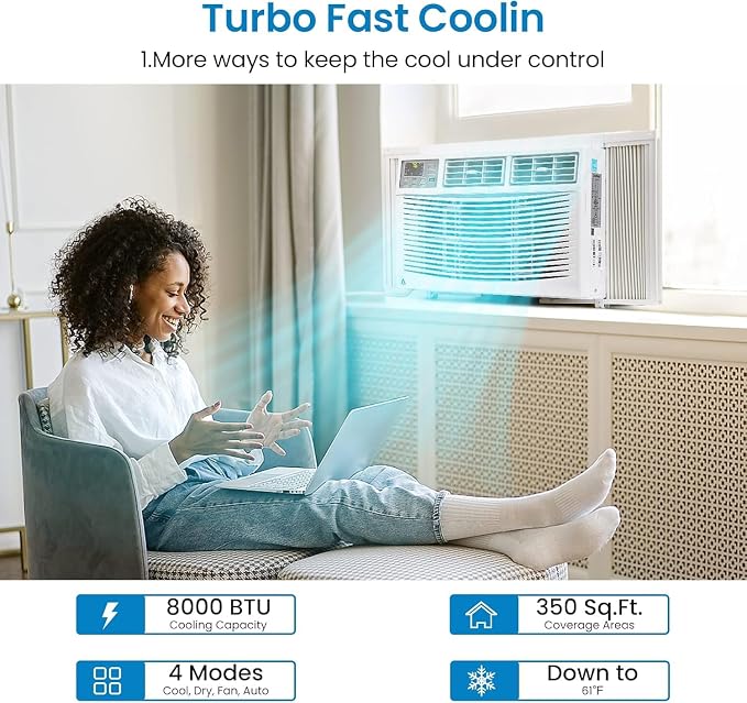 Window Air Conditioner, 8,000 BTU, Cools 350 Sq.ft, 3 Cooling & Fan Speeds, 3 Cooling & Fan Speeds, Perfect for Bedroom