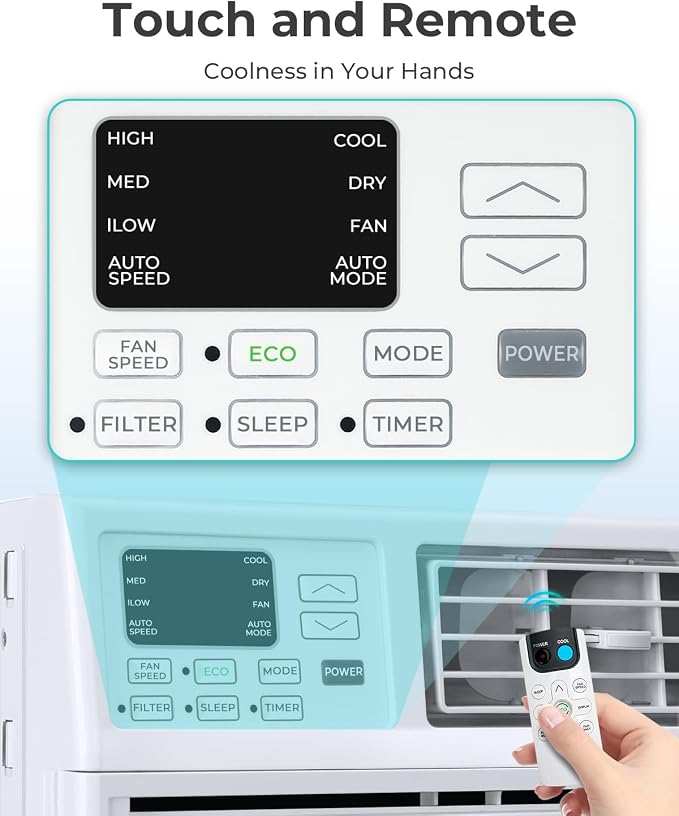 Window Air Conditioner, 8000 BTU Window AC Unit, Cool Rooms up to 350 Sq.Ft., 6-in-1 Modes,24H Timer, Energy Saving, Remote
