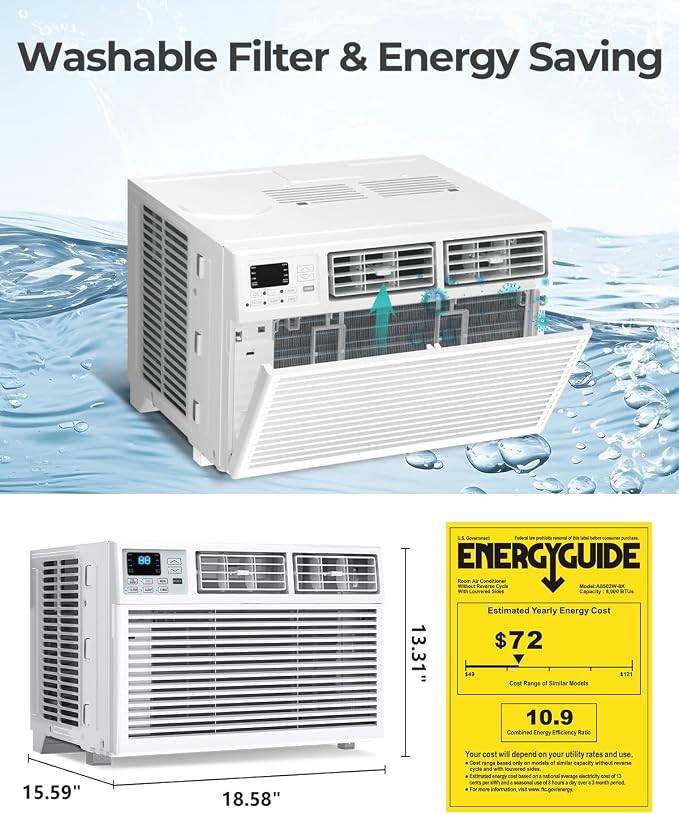 Window Air Conditioner, 8000 BTU Window AC Unit, Cool Rooms up to 350 Sq.Ft., 6-in-1 Modes,24H Timer, Energy Saving, Remote