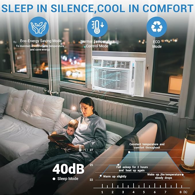 Window Air Conditioner, 8000 BTU Window AC Unit, Cool Rooms up to 350 Sq.Ft., 3 Fan Speed, 24H Timer, Energy Saving, Remote
