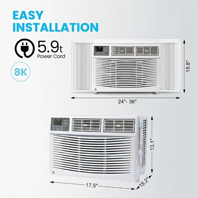 Window Air Conditioner, 8000 BTU Window AC Unit with WiFi and Remote Control for Rooms up to 350 Sq. Ft., Queit Operation and