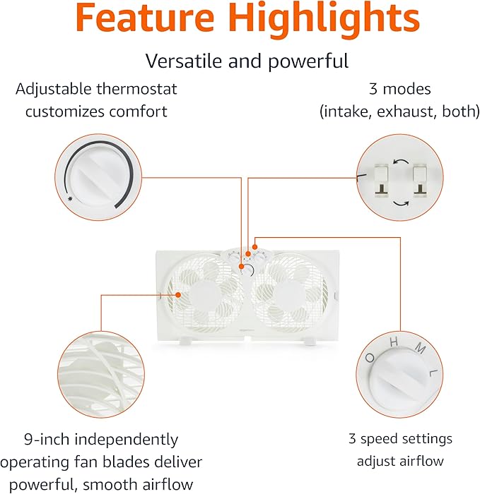 Window Fan for Home Bedroom, Twin Heads, Cooling Airflow, Exhaust, Expandable Side Panel, Manual Control, 3 Speeds, 63W, 9