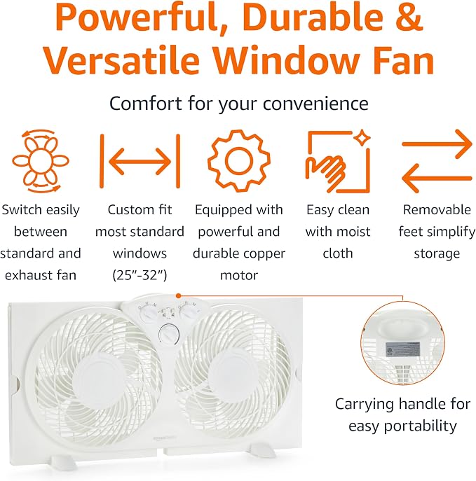 Window Fan for Home Bedroom, Twin Heads, Cooling Airflow, Exhaust, Expandable Side Panel, Manual Control, 3 Speeds, 63W, 9