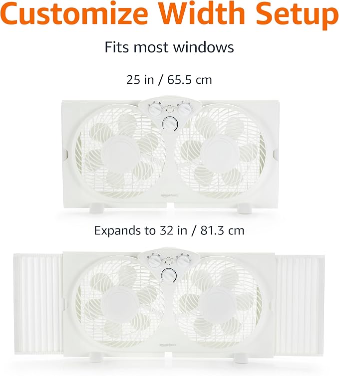 Window Fan for Home Bedroom, Twin Heads, Cooling Airflow, Exhaust, Expandable Side Panel, Manual Control, 3 Speeds, 63W, 9