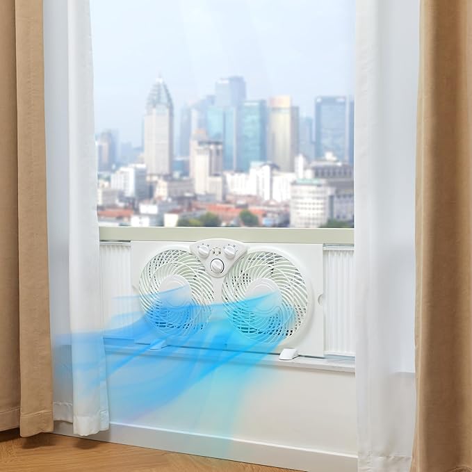 Window Fan for Home Bedroom, Twin Heads, Cooling Airflow, Exhaust, Expandable Side Panel, Manual Control, 3 Speeds, 63W, 9