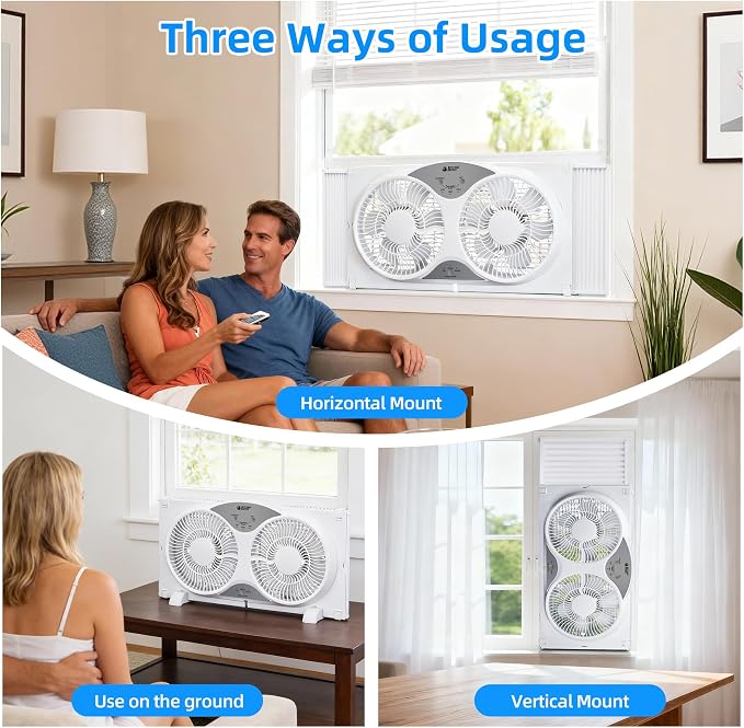 Window Fan Reversible Airflow, 9" Dual Window Fan with 3-Speed 3 Modes (Cool, Circulate, Exhaust), Remote Control Twin Window