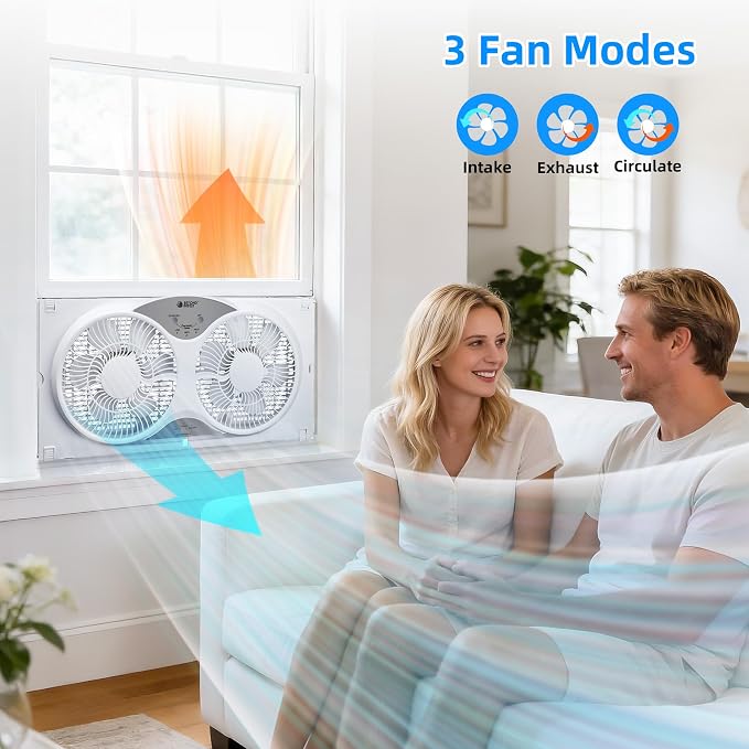 Window Fan Reversible Airflow, 9" Dual Window Fan with 3-Speed 3 Modes (Cool, Circulate, Exhaust), Remote Control Twin Window