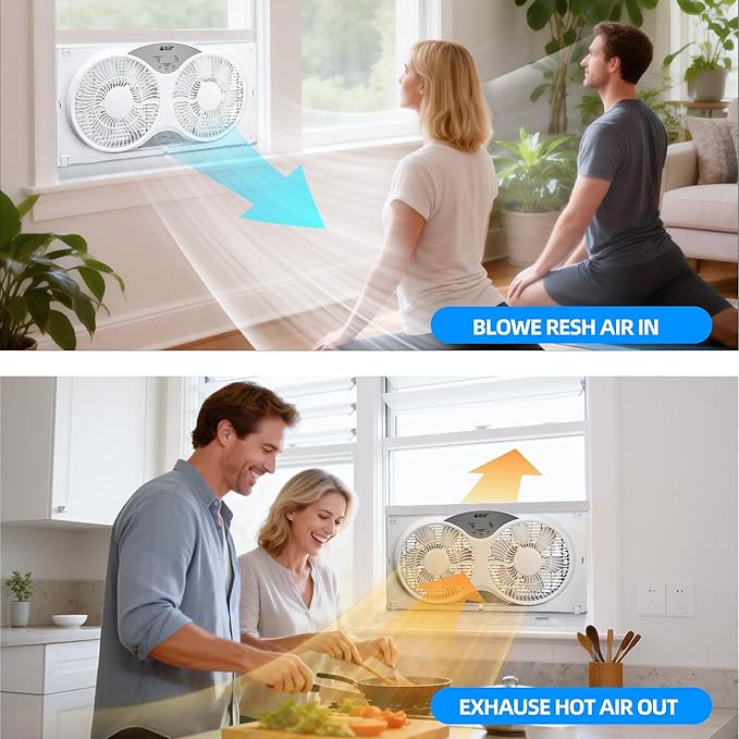Window Fan Reversible Airflow, 9" Dual Window Fan with 3-Speed 3 Modes (Cool, Circulate, Exhaust), Remote Control Twin Window