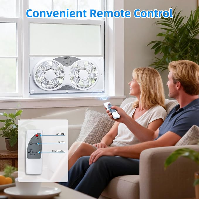 Window Fan Reversible Airflow, 9" Dual Window Fan with 3-Speed 3 Modes (Cool, Circulate, Exhaust), Remote Control Twin Window