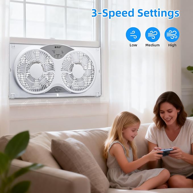 Window Fan Reversible Airflow, 9" Dual Window Fan with 3-Speed 3 Modes (Cool, Circulate, Exhaust), Remote Control Twin Window