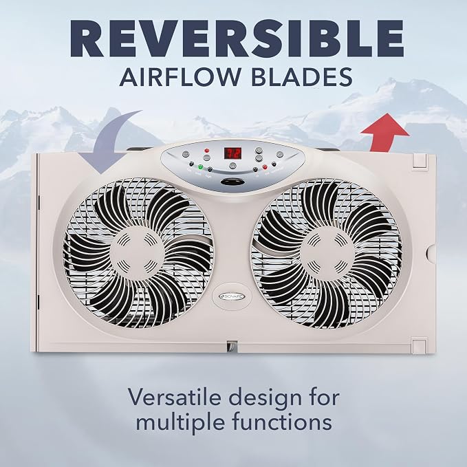 Window Fan with Reversible Airflow Blades – 3-Speed Settings, Programmable Thermostat, LED Display, Remote Control, Fits