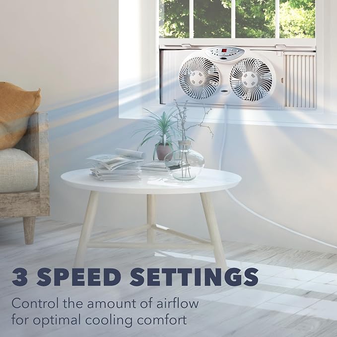 Window Fan with Reversible Airflow Blades – 3-Speed Settings, Programmable Thermostat, LED Display, Remote Control, Fits