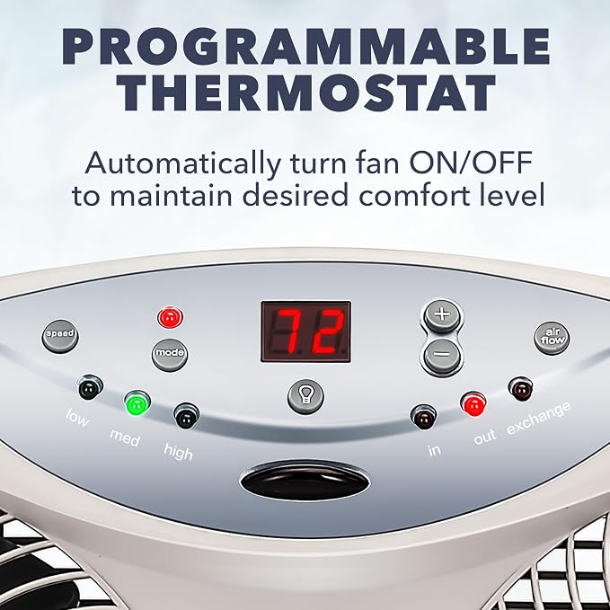 Window Fan with Reversible Airflow Blades – 3-Speed Settings, Programmable Thermostat, LED Display, Remote Control, Fits