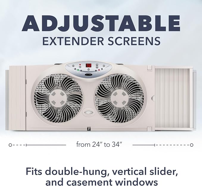 Window Fan with Reversible Airflow Blades – 3-Speed Settings, Programmable Thermostat, LED Display, Remote Control, Fits