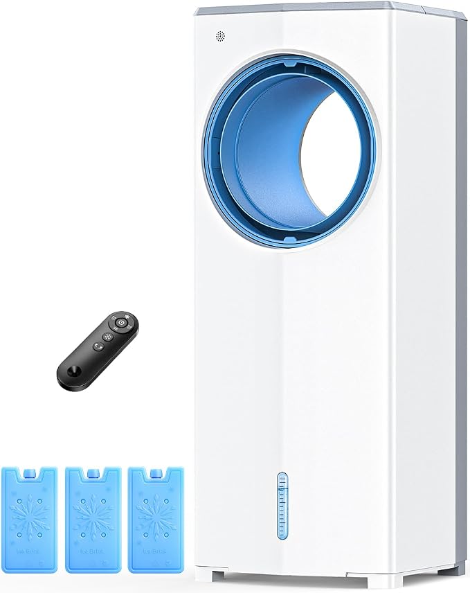 Windowless Air Conditioner, 27" Bladeless Evaporative Air Cooler with 4 Modes & 3 Speeds, Double Tanks, 4 Ice Packs, 25FT