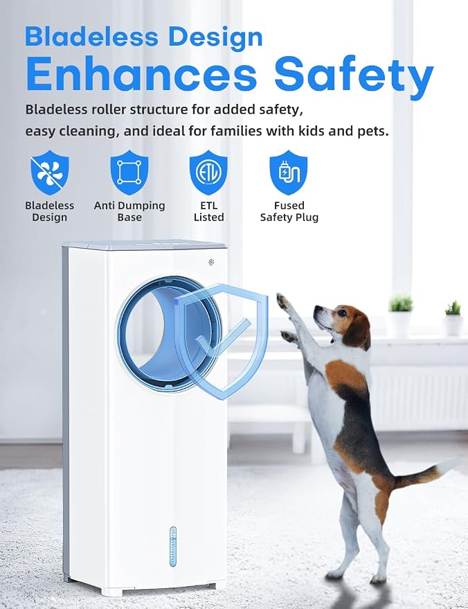 Windowless Air Conditioner, 27" Bladeless Evaporative Air Cooler with 4 Modes & 3 Speeds, Double Tanks, 4 Ice Packs, 25FT