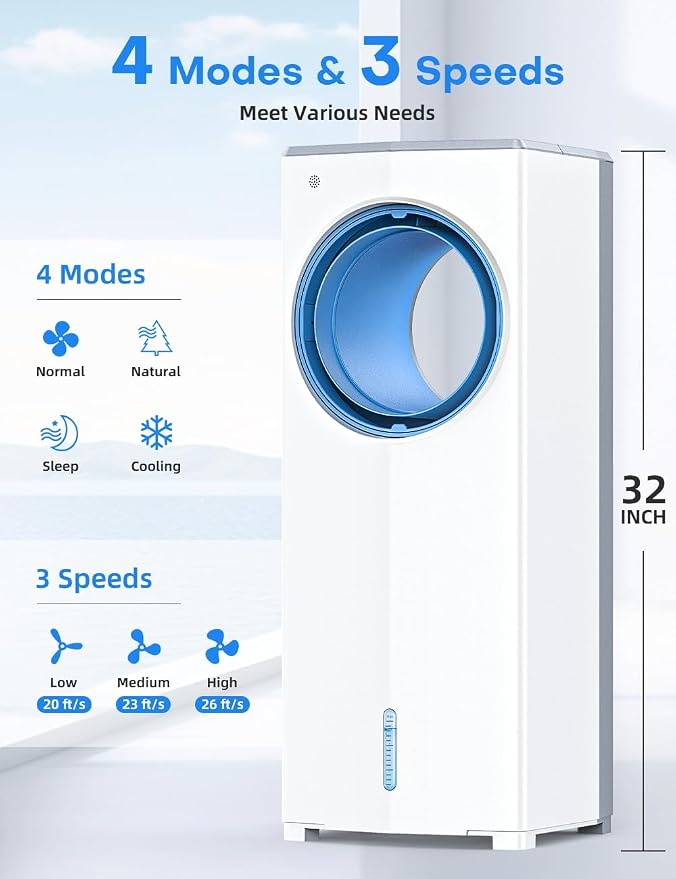 Windowless Air Conditioner, 27" Bladeless Evaporative Air Cooler with 4 Modes & 3 Speeds, Double Tanks, 4 Ice Packs, 25FT
