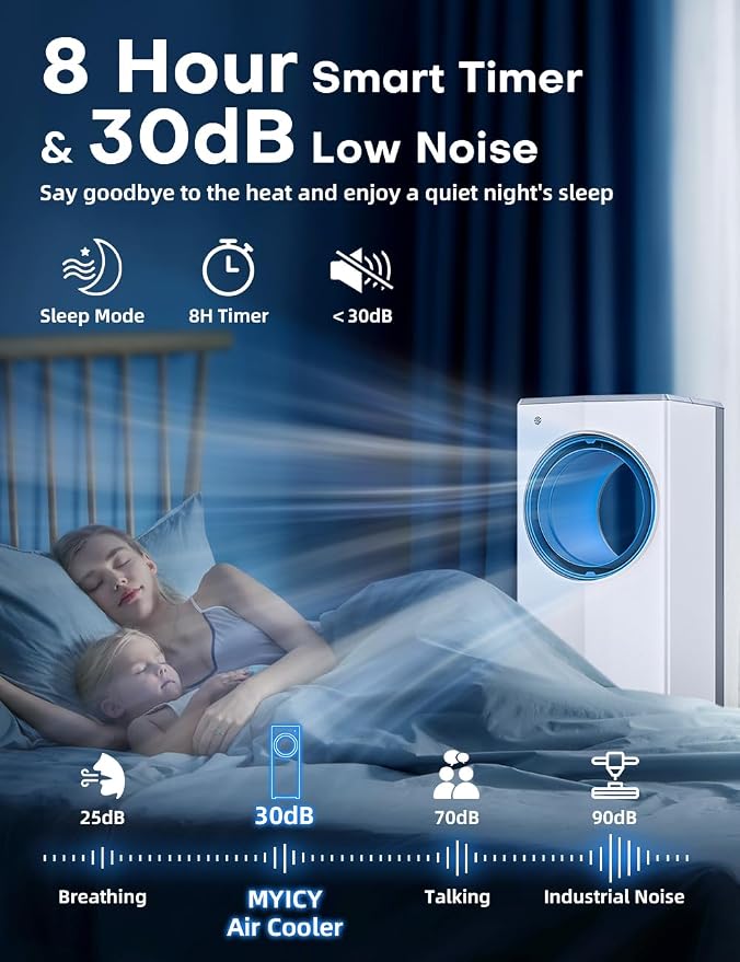 Windowless Air Conditioner, 27" Bladeless Evaporative Air Cooler with 4 Modes & 3 Speeds, Double Tanks, 4 Ice Packs, 25FT