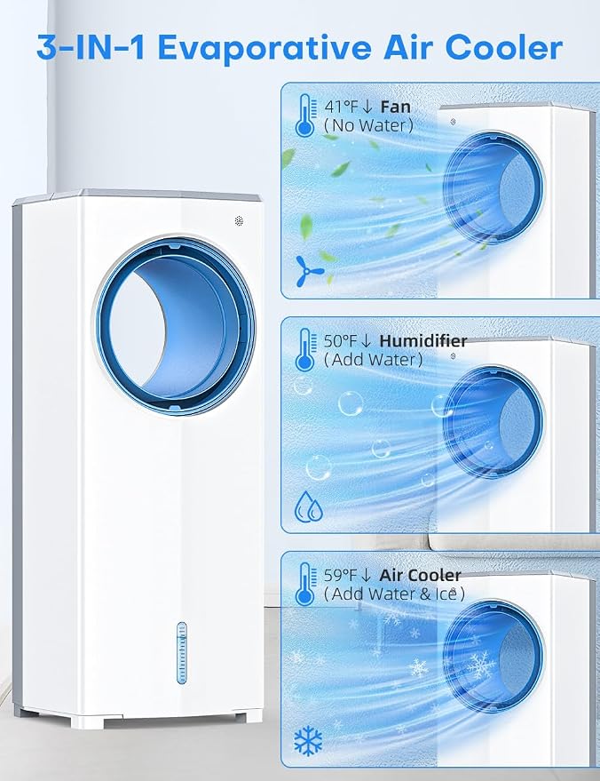 Windowless Air Conditioner, 27" Bladeless Evaporative Air Cooler with 4 Modes & 3 Speeds, Double Tanks, 4 Ice Packs, 25FT