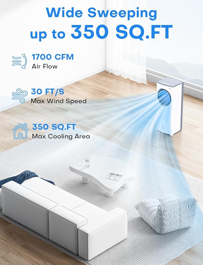 Windowless Air Conditioner, 27" Bladeless Evaporative Air Cooler with 4 Modes & 3 Speeds, Double Tanks, 4 Ice Packs, 25FT