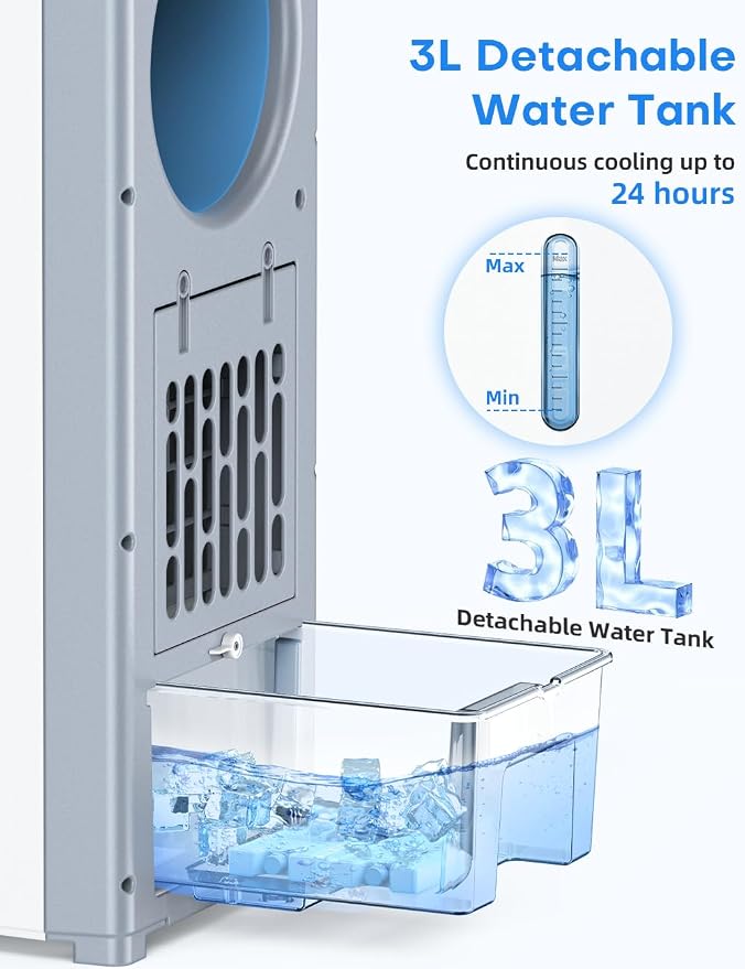 Windowless Air Conditioner, 27" Bladeless Evaporative Air Cooler with 4 Modes & 3 Speeds, Double Tanks, 4 Ice Packs, 25FT