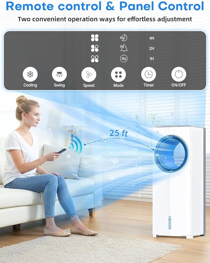 Windowless Air Conditioner, 27" Bladeless Evaporative Air Cooler with 4 Modes & 3 Speeds, Double Tanks, 4 Ice Packs, 25FT