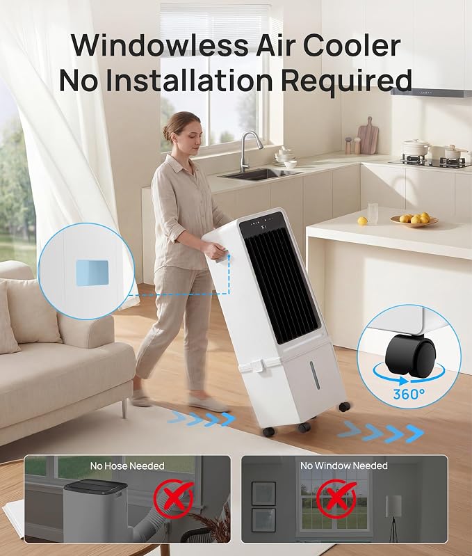 Windowless Air Conditioner,Portable Air Conditioner with 4 Gal Detachable Tank,3-In-1 Evaporative Air Cooler,AC Fan,LED