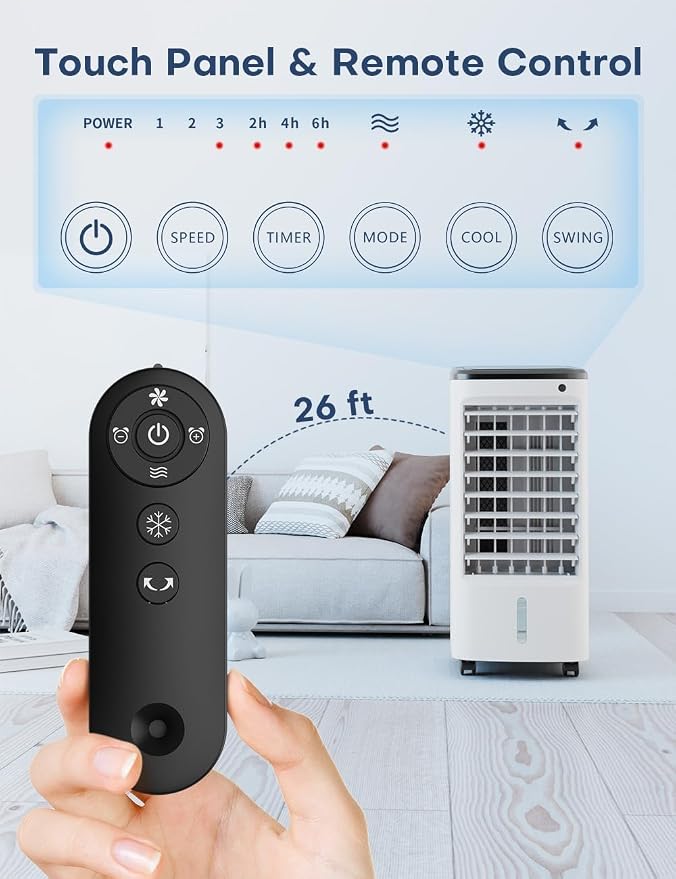Windowless Air Conditioner with 6 Ice Packs, 3 Modes & 3 Speeds Swamp Cooler Air Conditioner, 12H Timer, 4L Tank for 24H