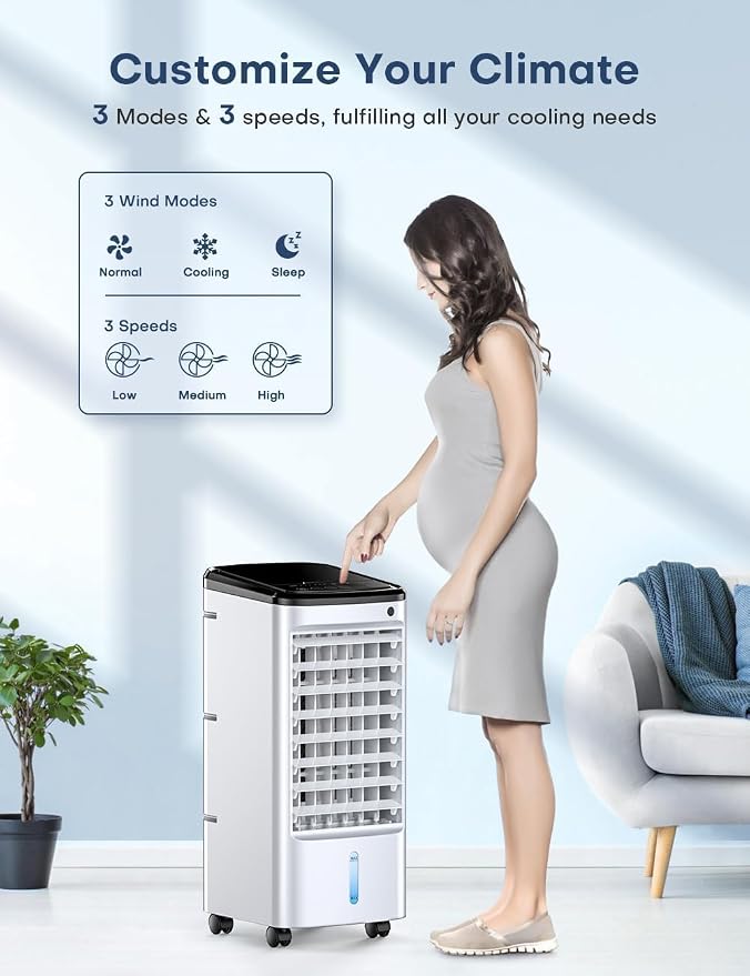Windowless Air Conditioner with 6 Ice Packs, 3 Modes & 3 Speeds Swamp Cooler Air Conditioner, 12H Timer, 4L Tank for 24H