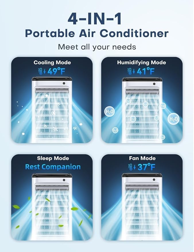 Windowless Air Conditioner with 6 Ice Packs, 3 Modes & 3 Speeds Swamp Cooler Air Conditioner, 12H Timer, 4L Tank for 24H