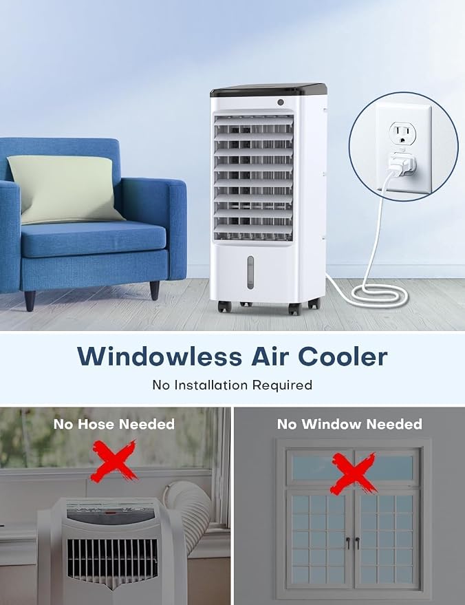Windowless Air Conditioner with 6 Ice Packs, 3 Modes & 3 Speeds Swamp Cooler Air Conditioner, 12H Timer, 4L Tank for 24H