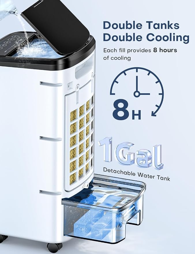 Windowless Air Conditioner with 6 Ice Packs, 3 Modes & 3 Speeds Swamp Cooler Air Conditioner, 12H Timer, 4L Tank for 24H