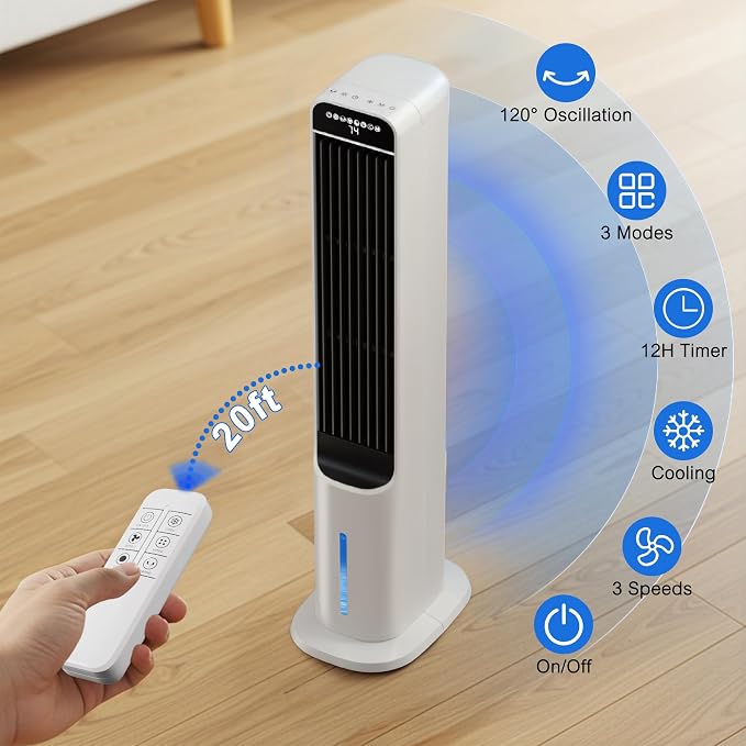 Windowless Portable Air Conditioner, 32 Inch Cooling Fans that Blow Cold Air, 3-in-1 Tower Fan with Remote, 3 Speeds, 120°