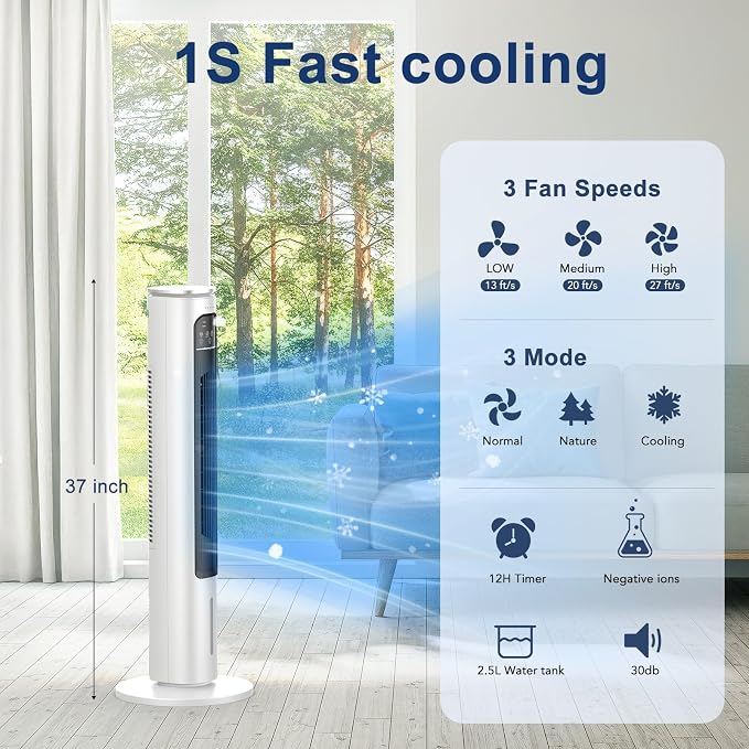 Windowless Portable Air Conditioner Ac Unit with Remote,37” Evaporative Air Cooler,Swamp Cooler for 4 Modes, 12H Timer