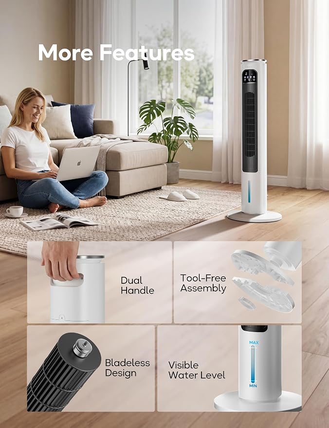 Windowless Portable Air Conditioner Ac Unit with Remote,37” Ventless Evaporative Air Cooler,Quiet Swamp Cooler for 4 Modes