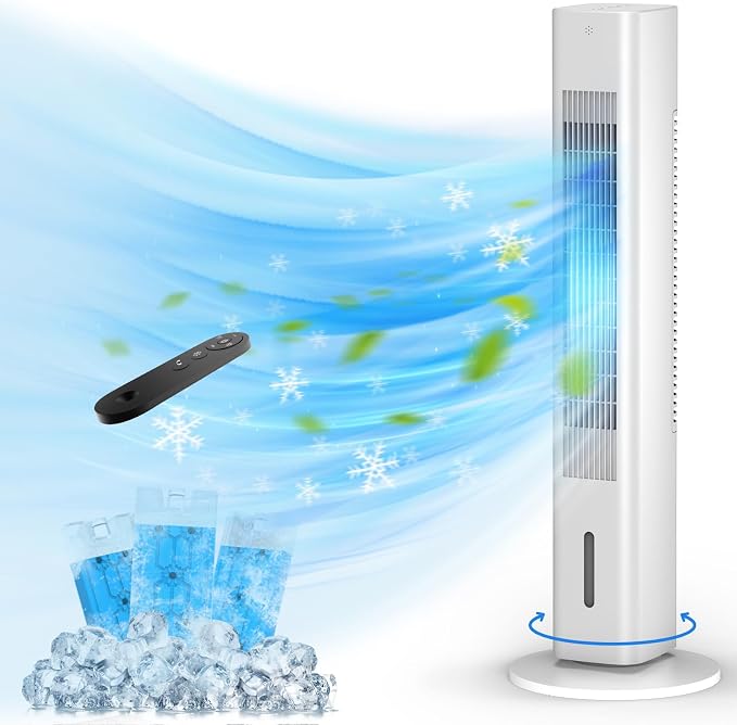 Windowless Portable Air Conditioners, 35’’ Cooling Tower Fan w/Remote, 7H Smart Timer & 70° Swing, 1.2L Water Tank With 3 Ice