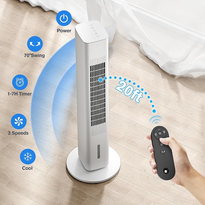 Windowless Portable Air Conditioners, 35’’ Cooling Tower Fan w/Remote, 7H Smart Timer & 70° Swing, 1.2L Water Tank With 3 Ice