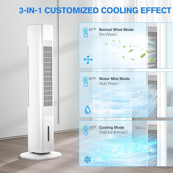 Windowless Portable Air Conditioners, 35’’ Cooling Tower Fan w/Remote, 7H Smart Timer & 70° Swing, 1.2L Water Tank With 3 Ice
