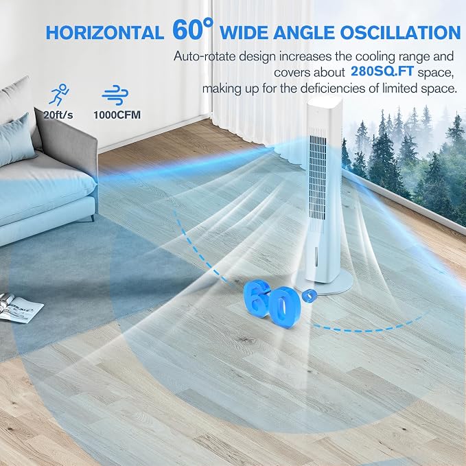 Windowless Portable Air Conditioners, 35’’ Cooling Tower Fan w/Remote, 7H Smart Timer & 70° Swing, 1.2L Water Tank With 3 Ice