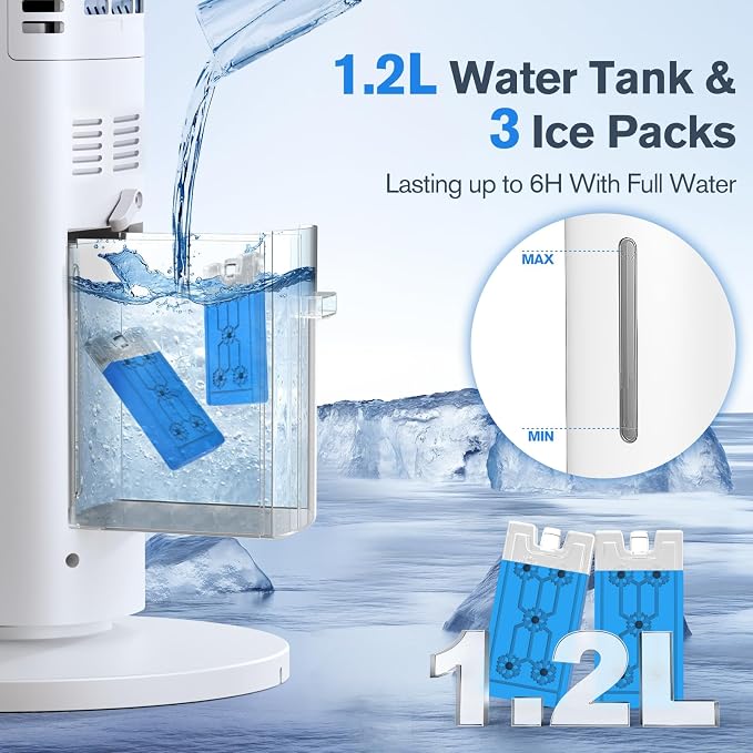 Windowless Portable Air Conditioners, 35’’ Cooling Tower Fan w/Remote, 7H Smart Timer & 70° Swing, 1.2L Water Tank With 3 Ice