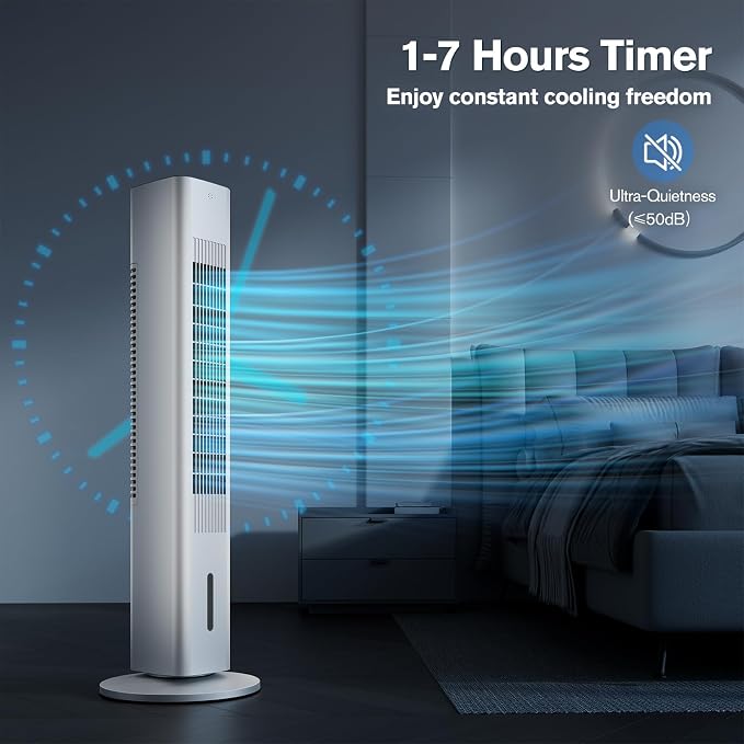 Windowless Portable Air Conditioners, 35’’ Cooling Tower Fan w/Remote, 7H Smart Timer & 70° Swing, 1.2L Water Tank With 3 Ice