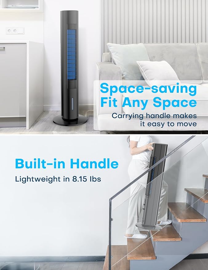 Windowless Portable Air Conditioners, 35" Swamp Cooler w/4 Ice Packs, 3 Speeds, 25ft Remote &7H Timer, 90°Oscillating