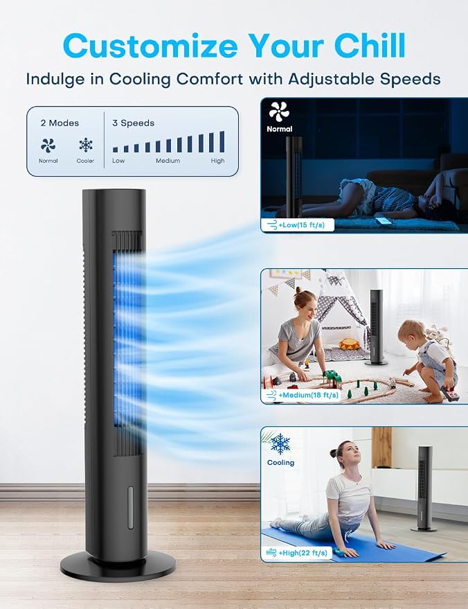 Windowless Portable Air Conditioners, 35" Swamp Cooler w/4 Ice Packs, 3 Speeds, 25ft Remote &7H Timer, 90°Oscillating