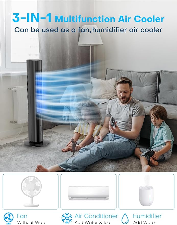 Windowless Portable Air Conditioners, 35" Swamp Cooler w/4 Ice Packs, 3 Speeds, 25ft Remote &7H Timer, 90°Oscillating