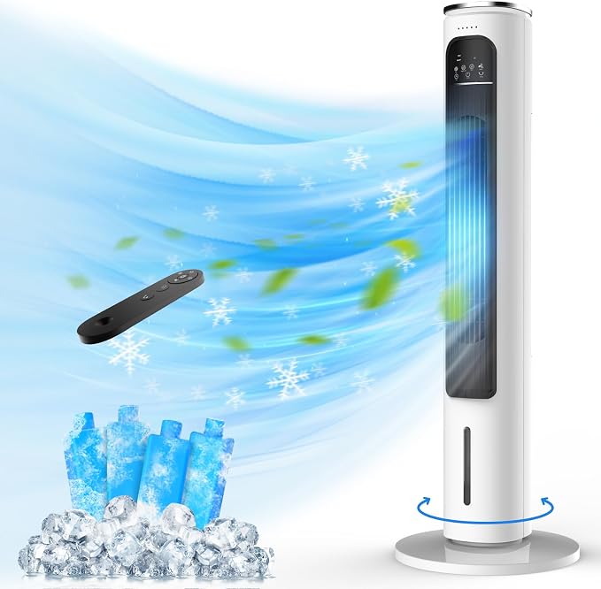 Windowless Portable Air Conditioners, 37’’ Evaporative Air Cooler w/Remote, 2.5L Water Tank & 4 Ice Packs, 12H