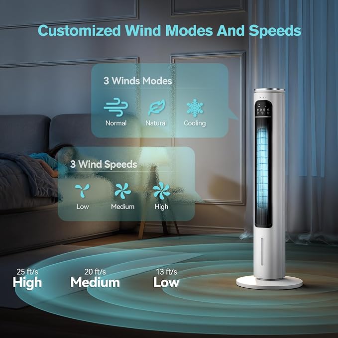 Windowless Portable Air Conditioners, 37’’ Evaporative Air Cooler w/Remote, 2.5L Water Tank & 4 Ice Packs, 12H, alternate
