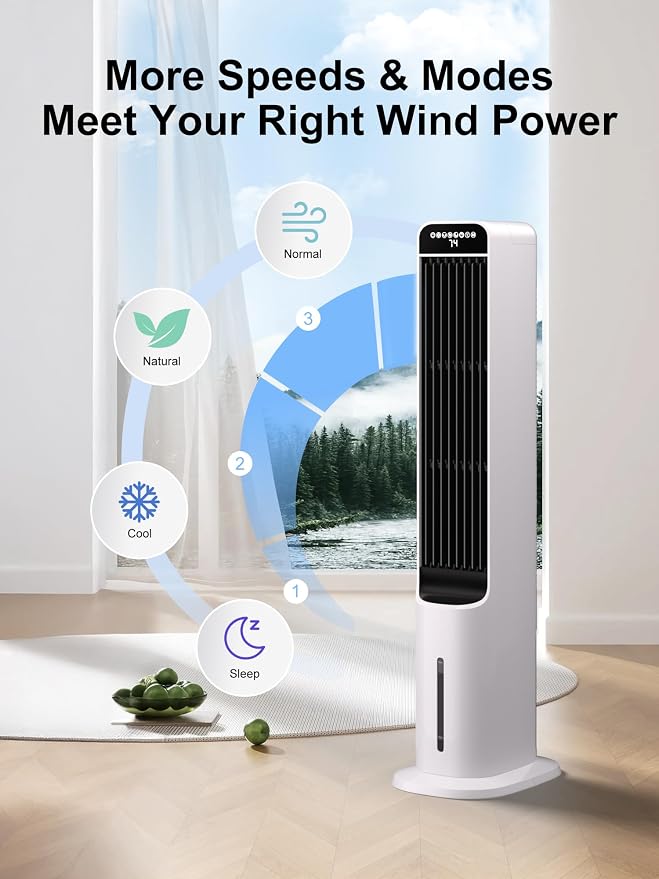 Windowless Portable Air Conditioners, 38" Cooling Fans that Blow Cold Air, Evaporative Air Cooler with 4Modes & 3Speeds, 12H