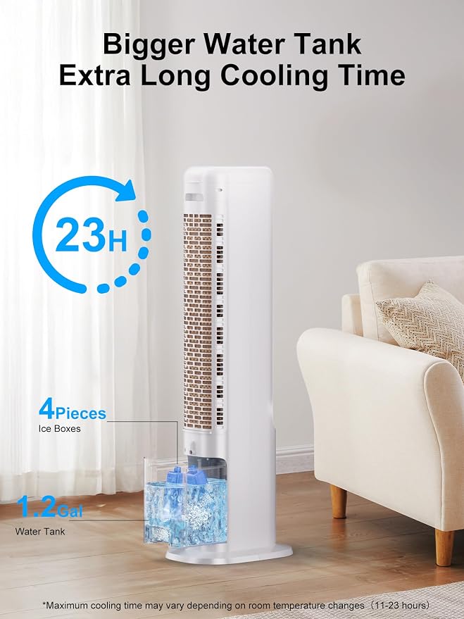 Windowless Portable Air Conditioners, 38" Cooling Fans that Blow Cold Air, Evaporative Air Cooler with 4Modes & 3Speeds, 12H