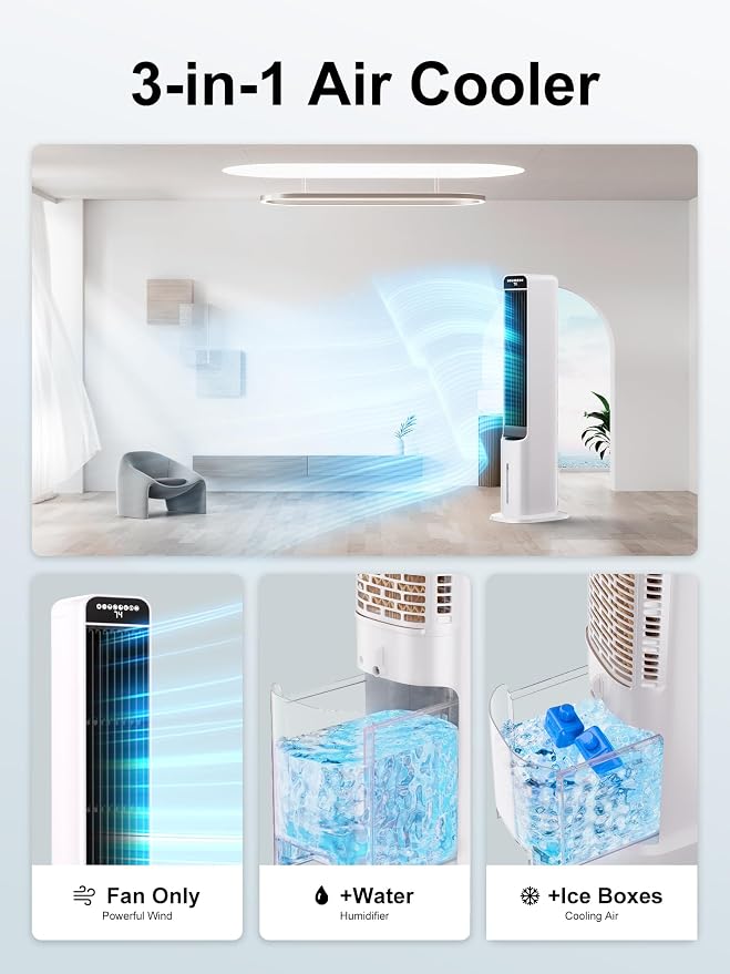 Windowless Portable Air Conditioners, 38" Cooling Fans that Blow Cold Air, Evaporative Air Cooler with 4Modes & 3Speeds, 12H